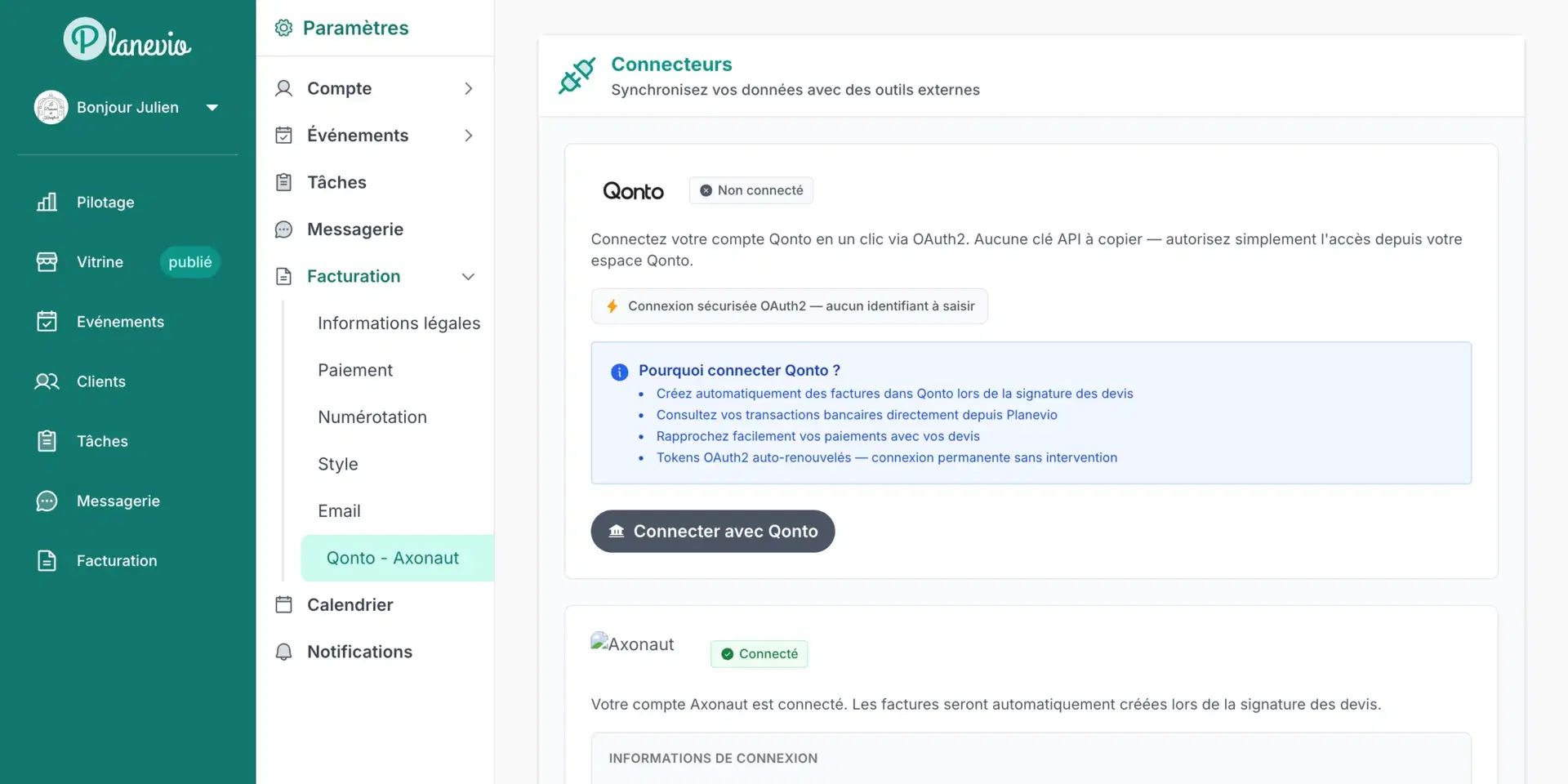 Écran des connecteurs Planevio avec Qonto et Axonaut