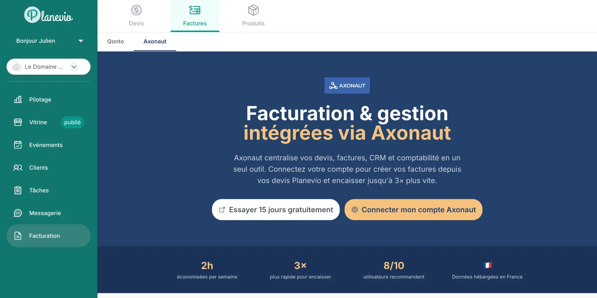 Facturation intégrée Planevio via Axonaut