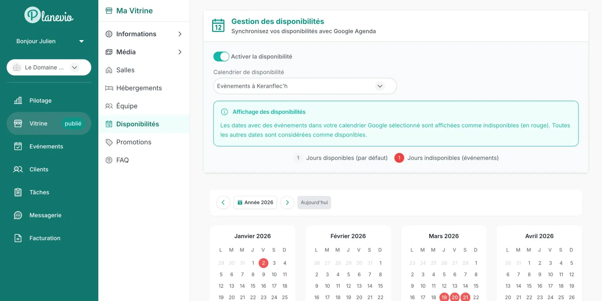 Gestion des disponibilités d'un lieu de réception dans Planevio