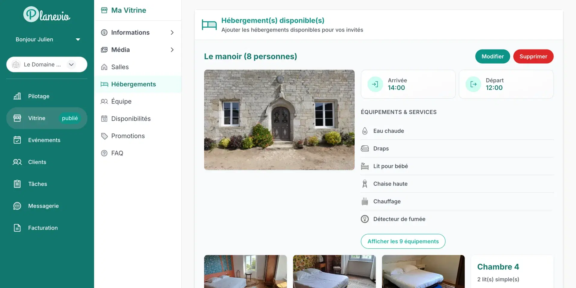 Gestion des hébergements d'un lieu de réception dans Planevio